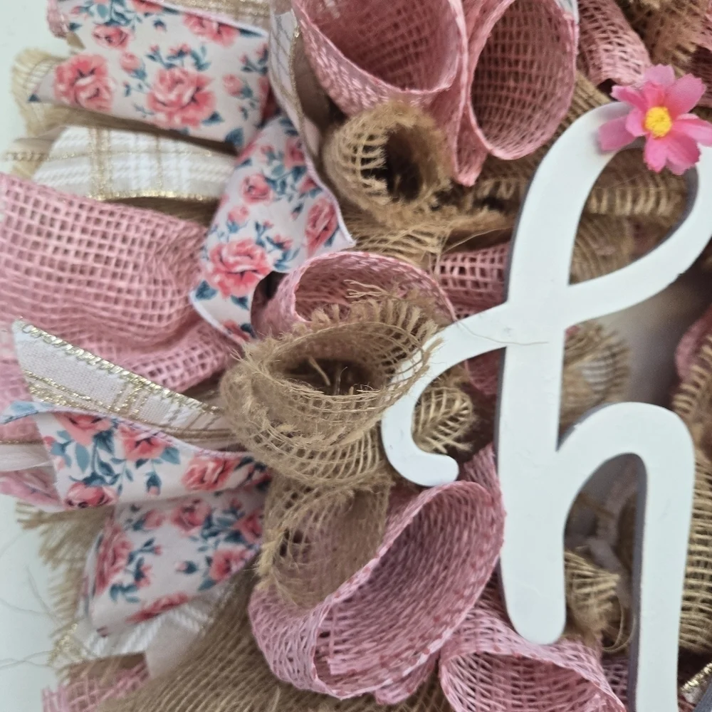 Handmade Pink and tan deco mesh wreath with hello sign spring front door wreath